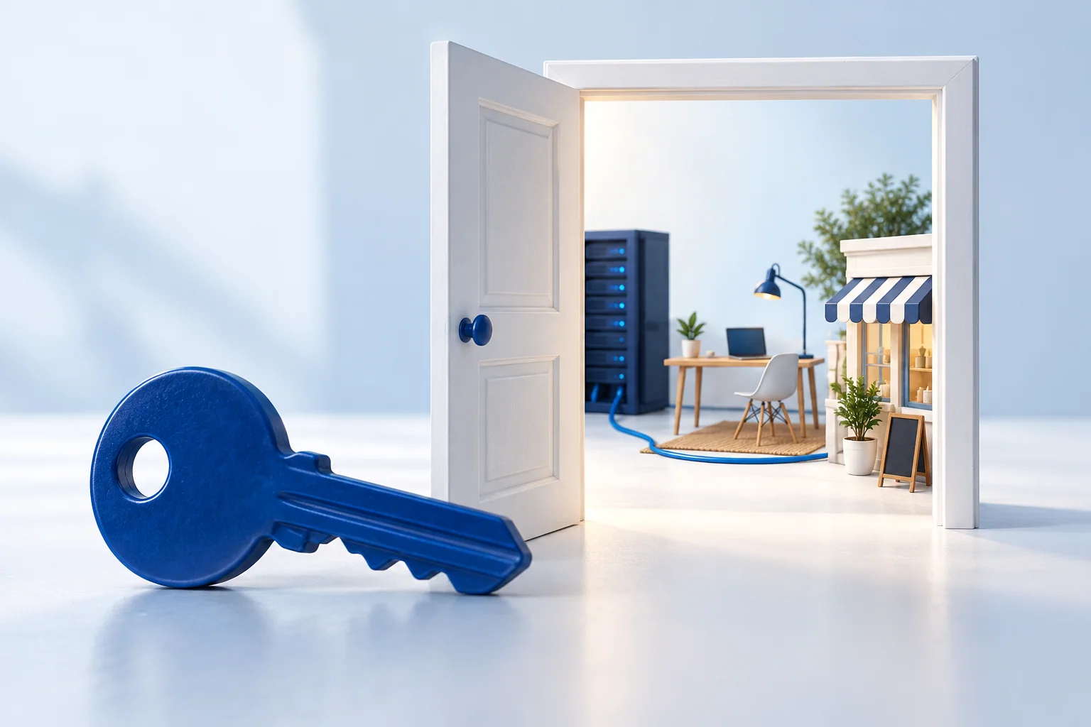 Illustration conceptuelle d’une clé bleue près d’une porte ouverte sur un serveur, un bureau et une petite boutique.