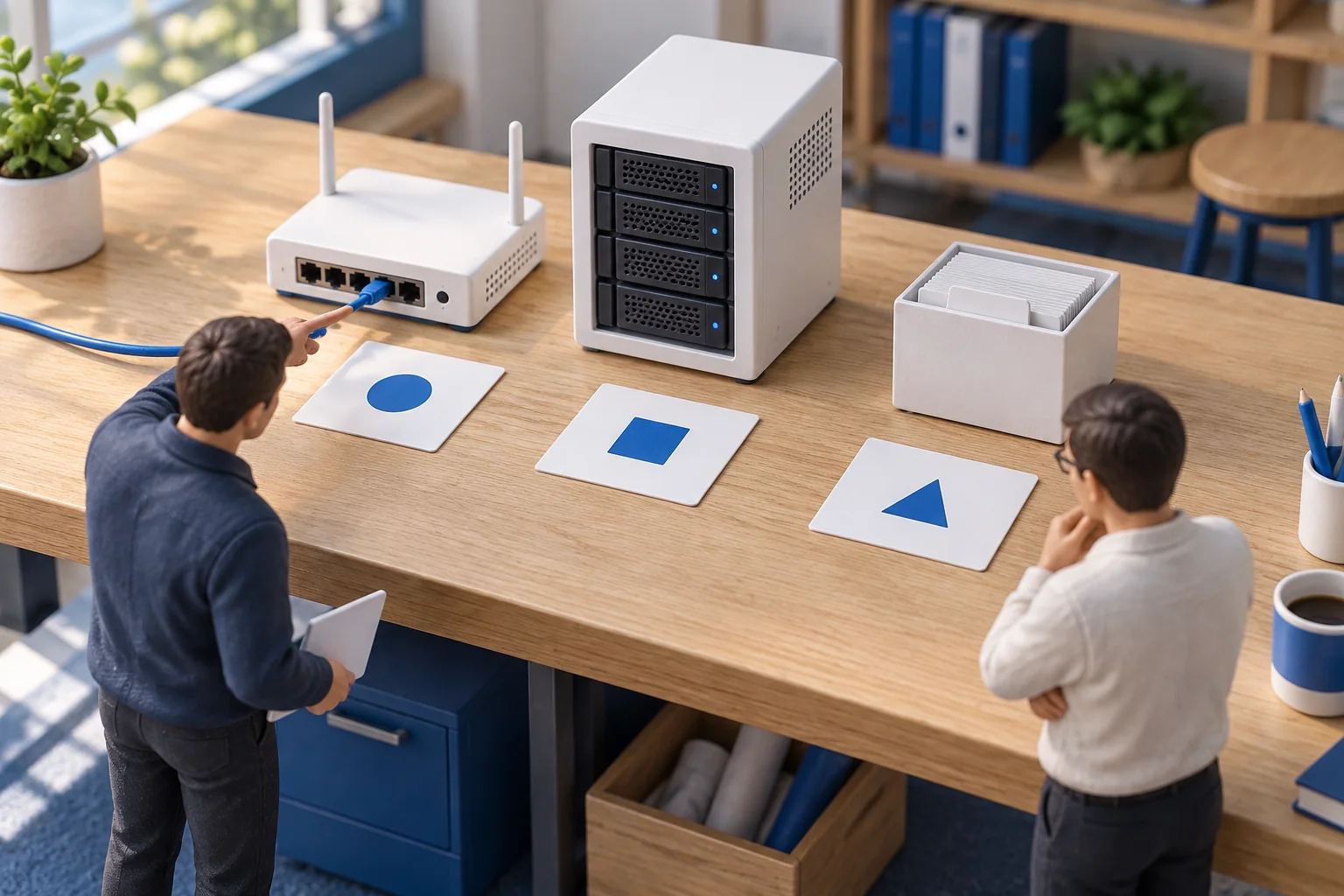 Two engineers match separate records to the network equipment and contacts they describe.