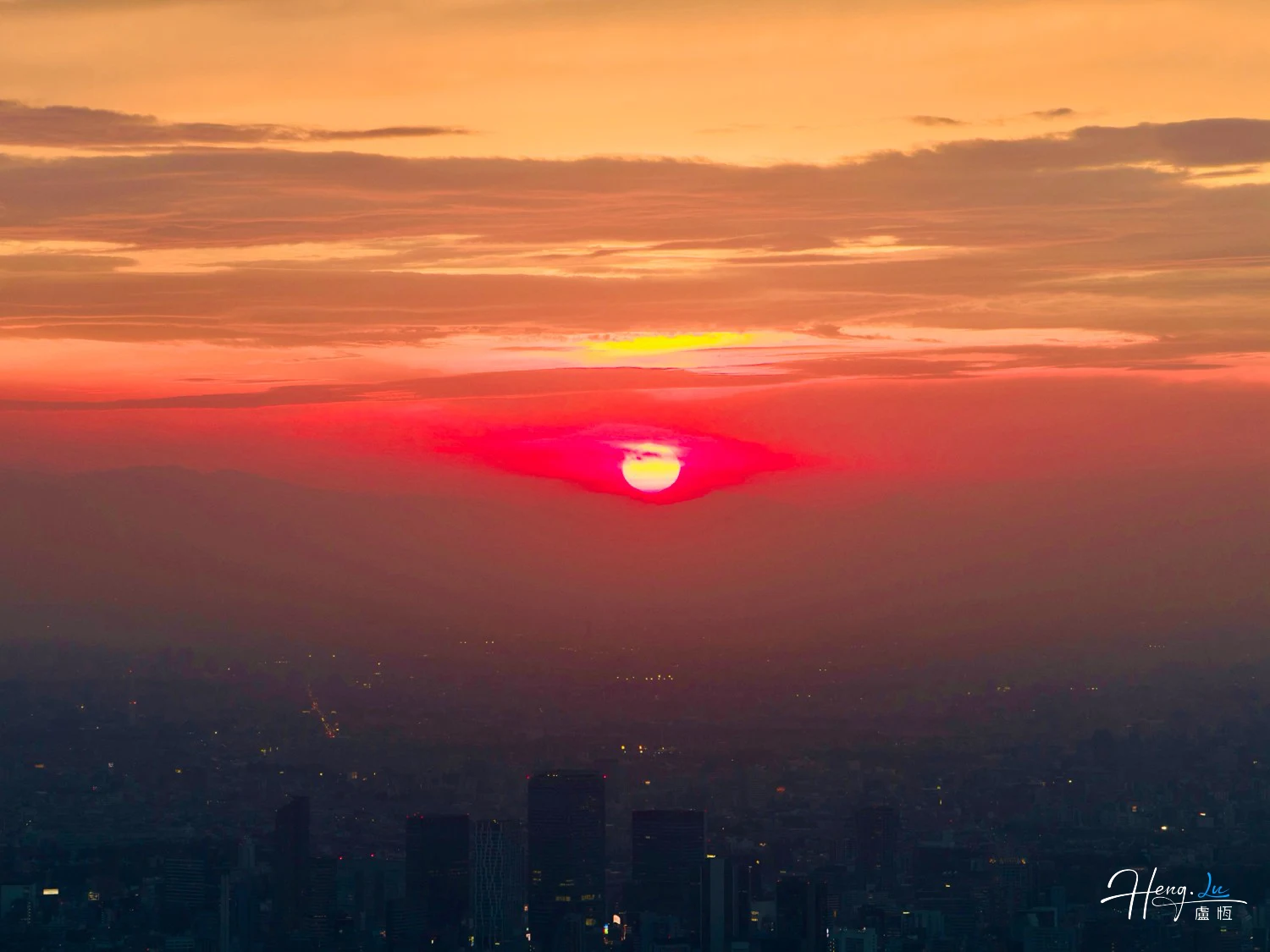 Red Sunset Over City Skyline with Glowing Clouds in Dusk Scene