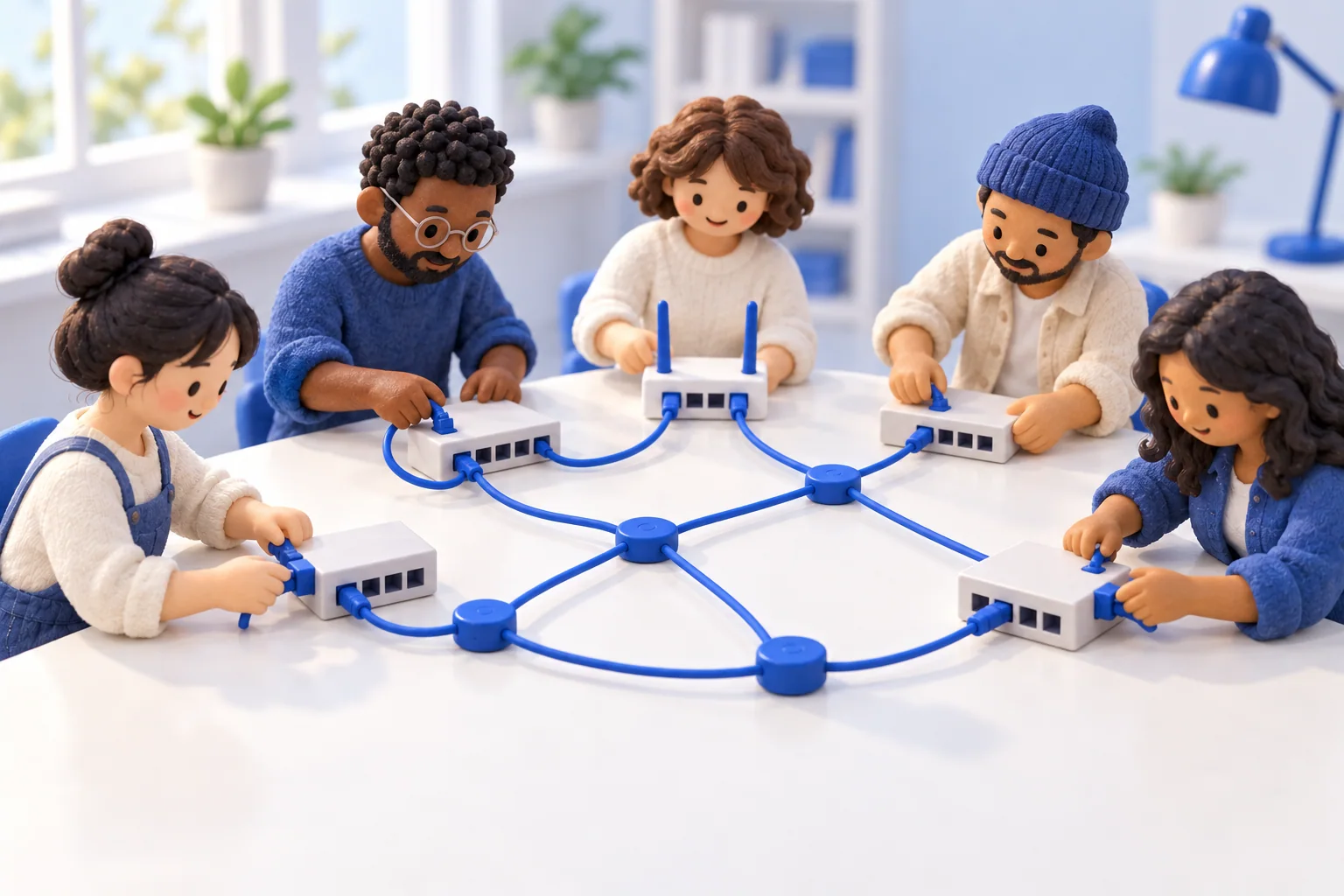 Illustration conceptuelle de cinq figurines en argile aux apparences variées, reliant ensemble des équipements réseau autour d’une table.