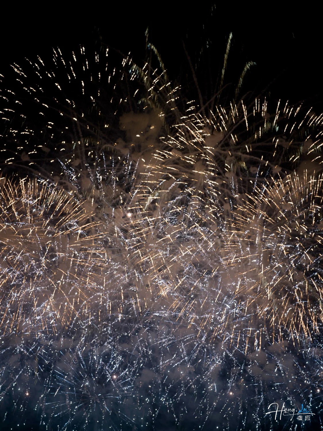 Gold and silver fireworks filling night sky