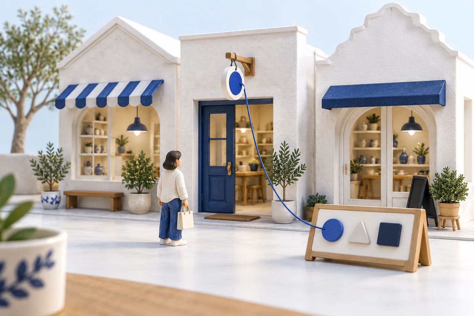 A blue circle on a directory is linked to the matching sign above a shop entrance.