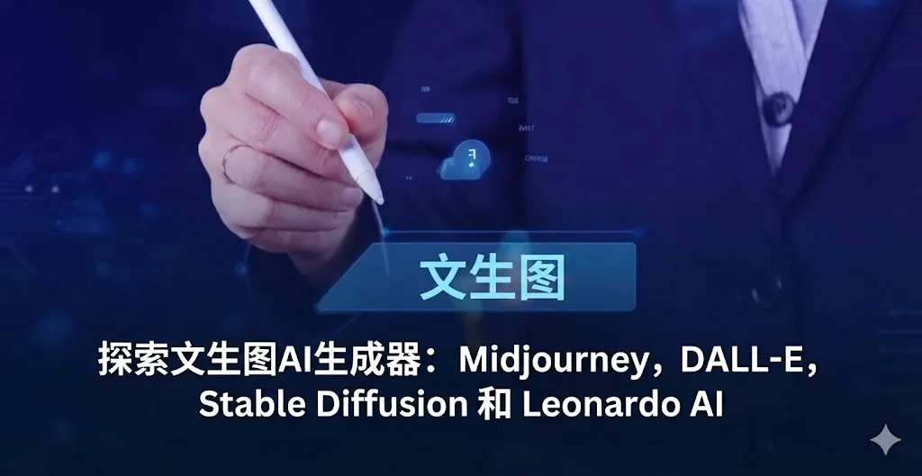 这是一张极具现代感的科技主题合成图片。背景为深蓝色,左侧特写展示了一只手正握着一支白色触控笔,仿佛在虚拟屏幕上进行创作。图片中心是一个半透明的蓝色按钮,上面写着“Text-To-Image”。背景中隐约可见发光的云端图标和数据节点。图片下方覆盖着白色粗体中文字幕:“探索 AI 文本生成图像工具:Midjourney、DALL-E、Stable Diffusion 和 Leonardo AI”