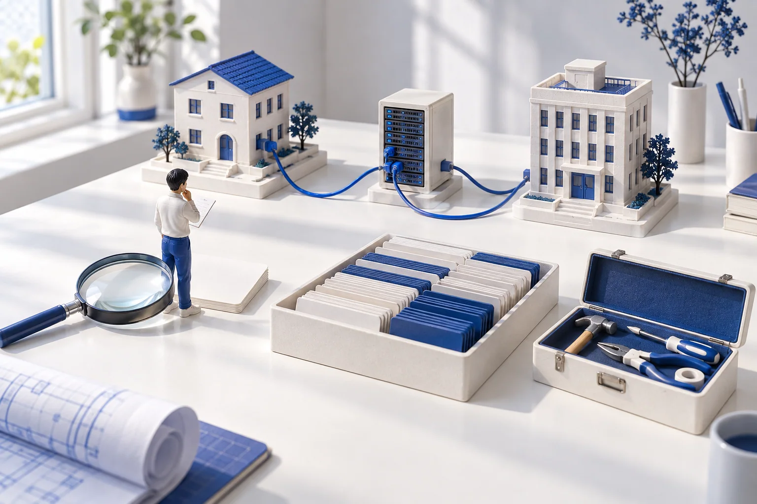 A miniature engineer compares a model network, record cards and an open toolbox.