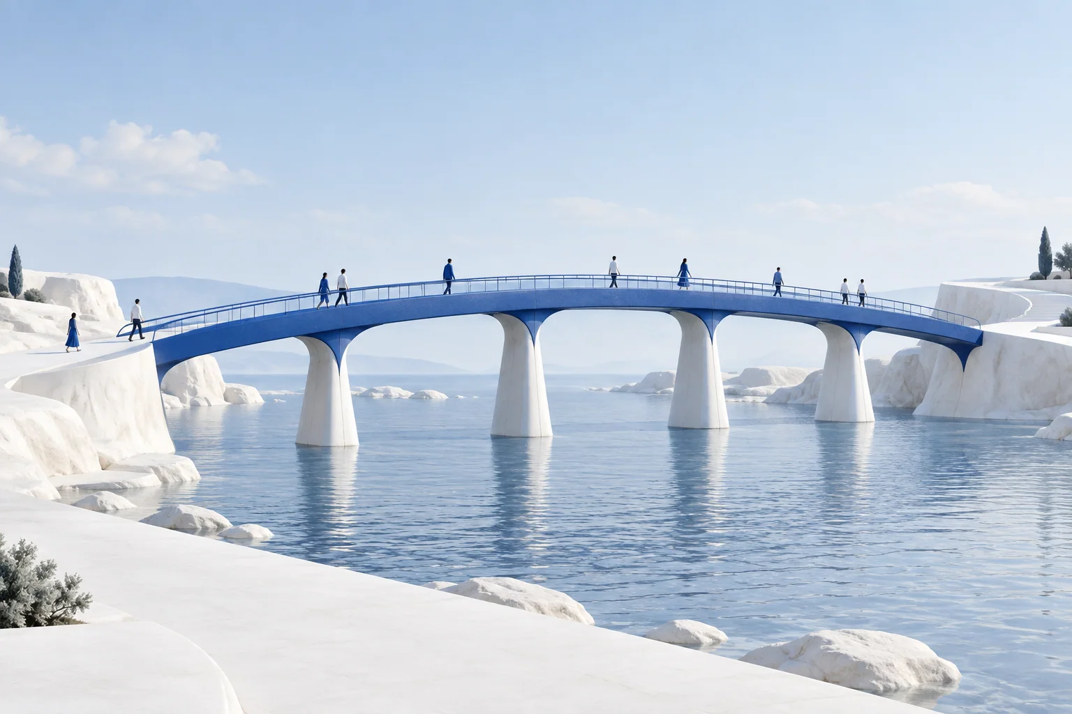 Illustration de personnes traversant un pont bleu soutenu par plusieurs piliers blancs distincts.