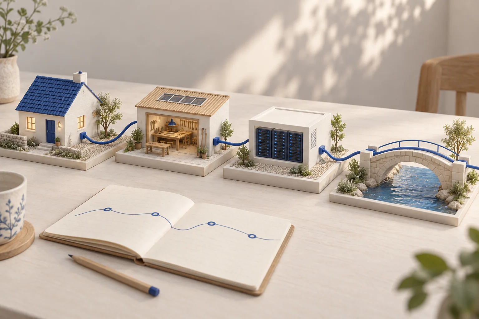 Separate miniature plots holding a home, workshop, server room and bridge are connected by blue cables, with a ledger alongside.
