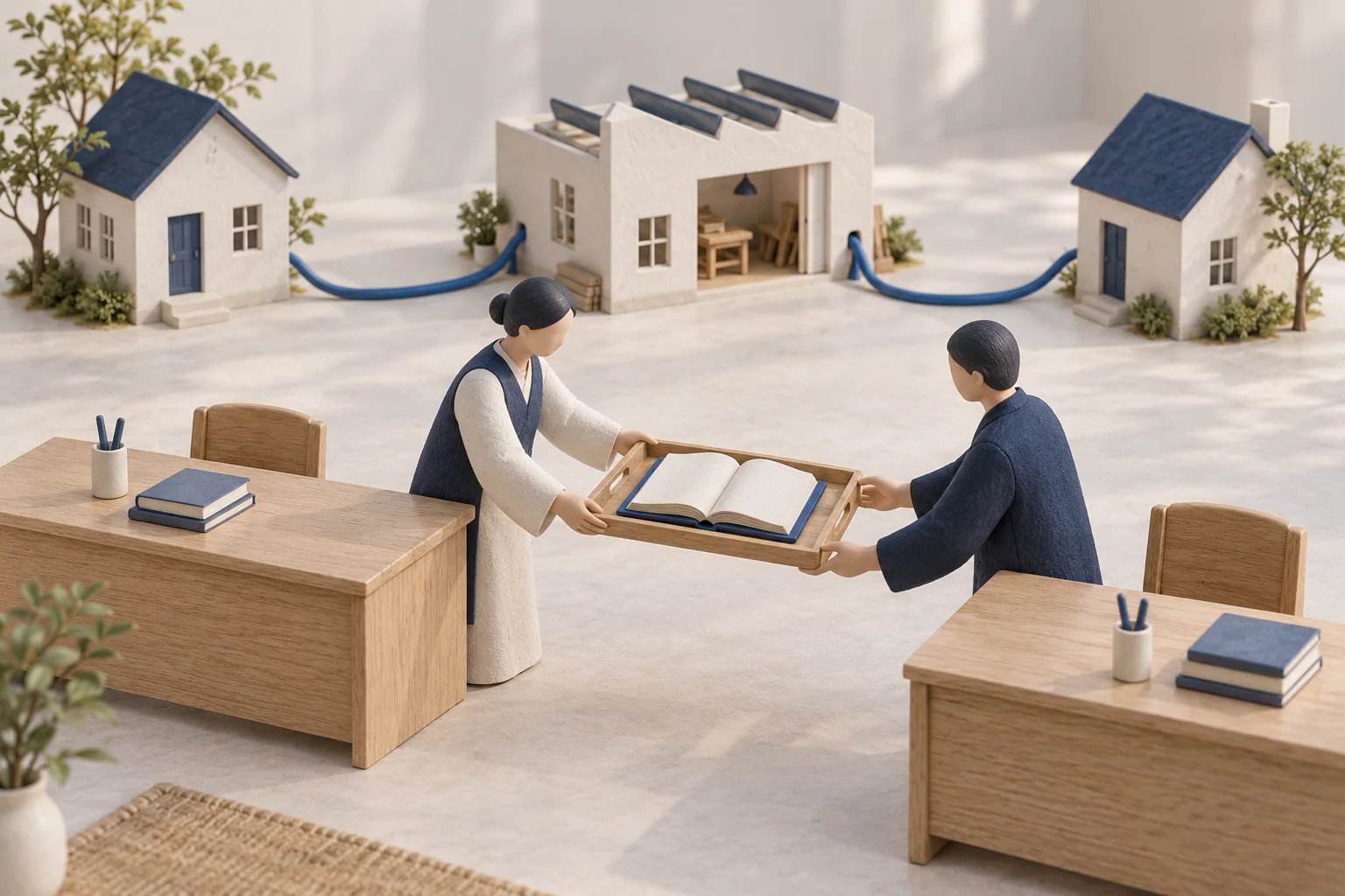 Two miniature clerks pass an open blue book between desks while buildings behind them remain connected.