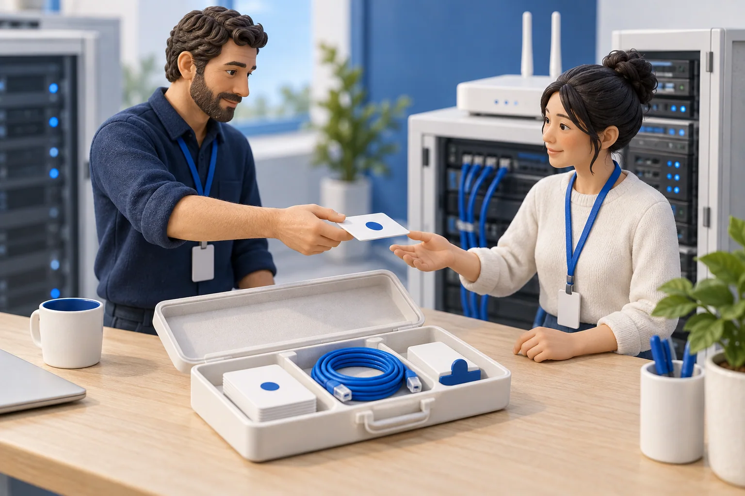 Two engineers share an open case of network records beside equipment being prepared for a handover.