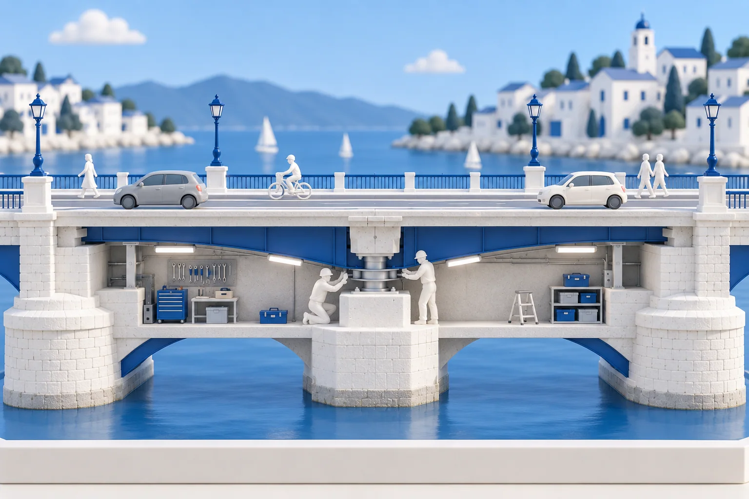 Conceptual cutaway model of a bridge: traffic continues above while two technicians work on a supported joint below.