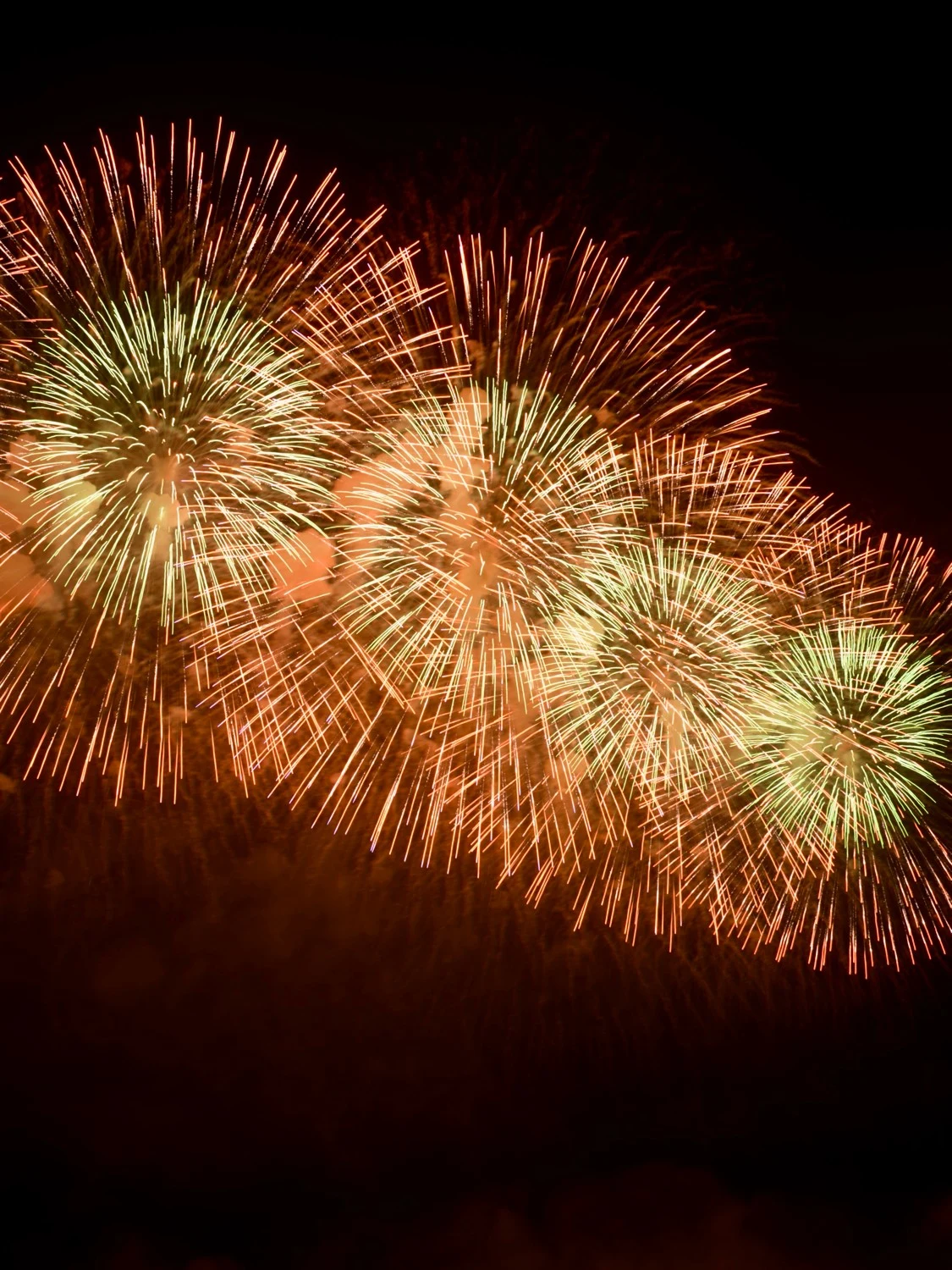 Orange and Green Fireworks Bursting Across Dark Night Sky in Festive Display