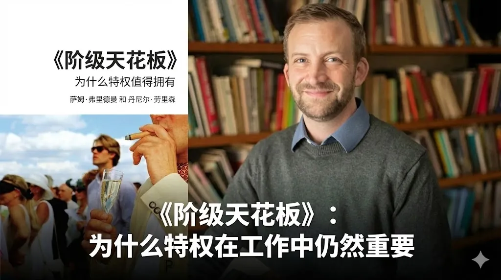 一张关于社会阶层与职场不平等的中文创意图片。左侧上方是萨姆·弗里德曼和丹尼尔·劳里森的著作《阶级天花板》中文版封面，副标题为“为什么特权值得拥有”。左侧下方是一张上流社会人士举着香槟和雪茄的奢华生活照片。右侧是作者之一微笑着的近照，背景是满墙的书架。图片中央下方覆盖着醒目的白色中文字体，标题为“《阶级天花板》：为什么特权在工作中仍然重要”。vv