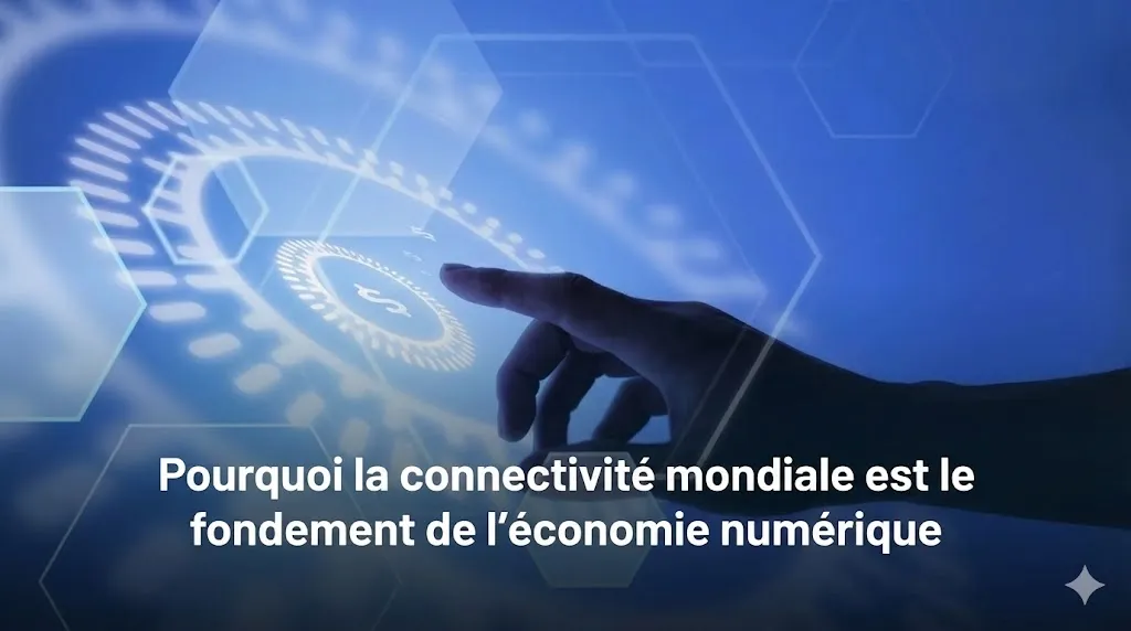 Gros plan d'une main pointant vers une interface numérique lumineuse composée de formes hexagonales, de circuits et d'un symbole monétaire central sur un fond bleu technologique. Le texte en bas de l'image indique : « Pourquoi la connectivité mondiale est le fondement de l'économie numérique »
