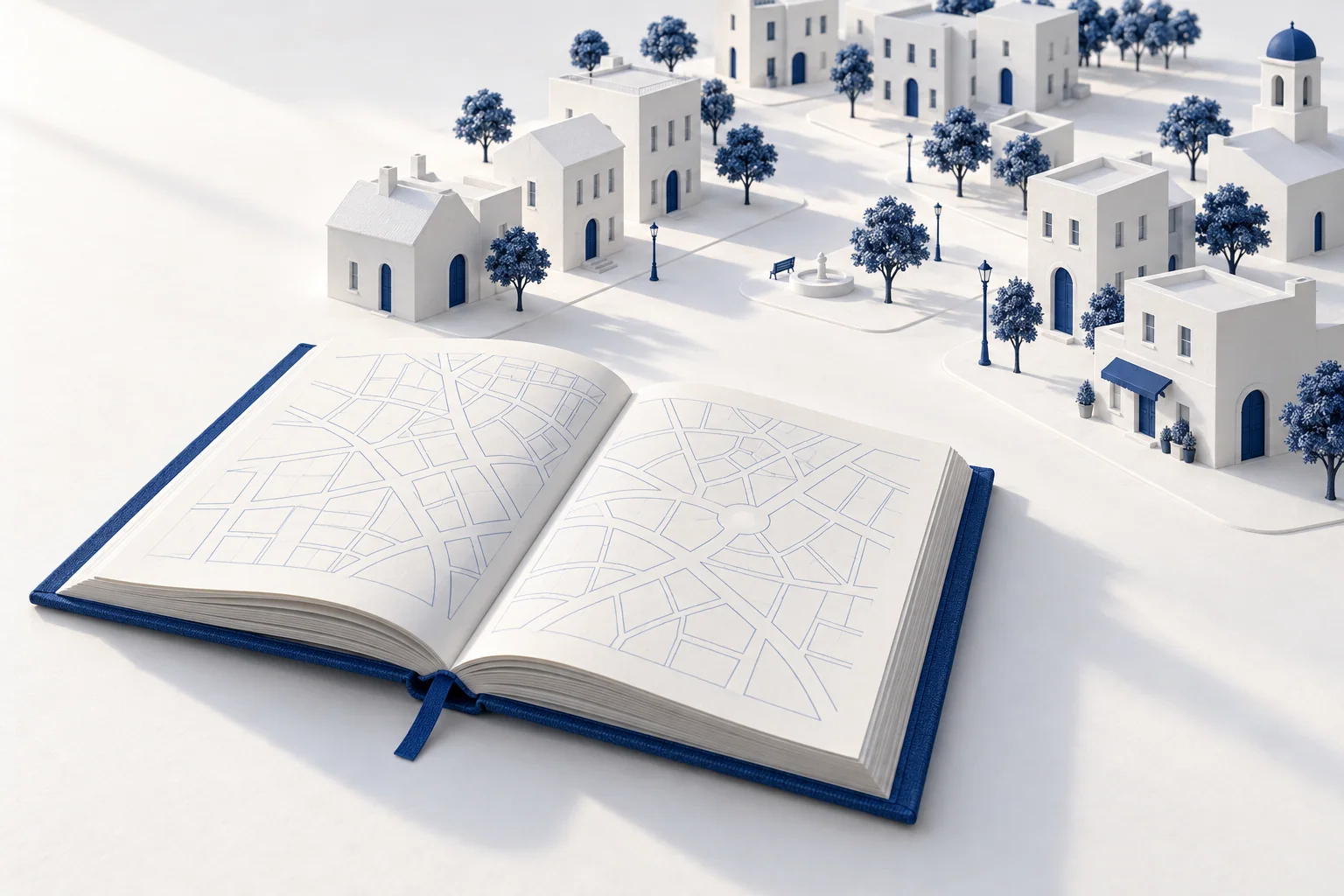 Illustration of an open blue address book showing a street plan, with a white city standing beyond its pages.