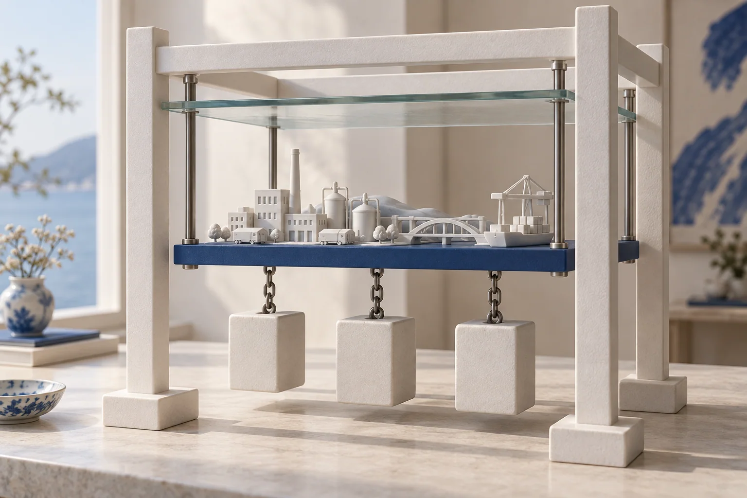 Maqueta de infraestructuras sobre una plataforma azul, con un techo de cristal encima y tres bloques pesados colgando debajo.