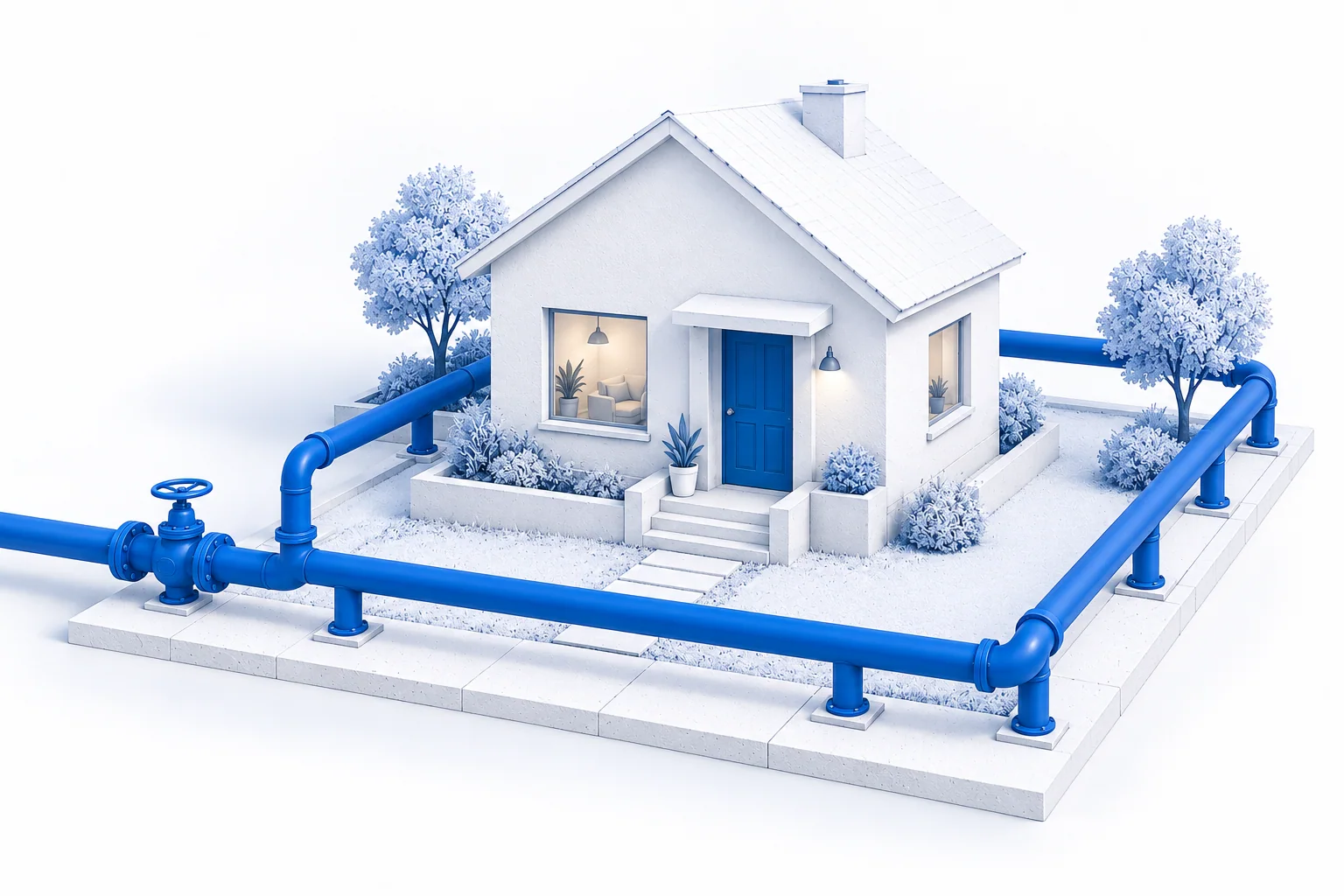 Illustration d’une maison blanche à porte bleue, entourée d’une conduite d’eau qui se relève pour former une clôture.