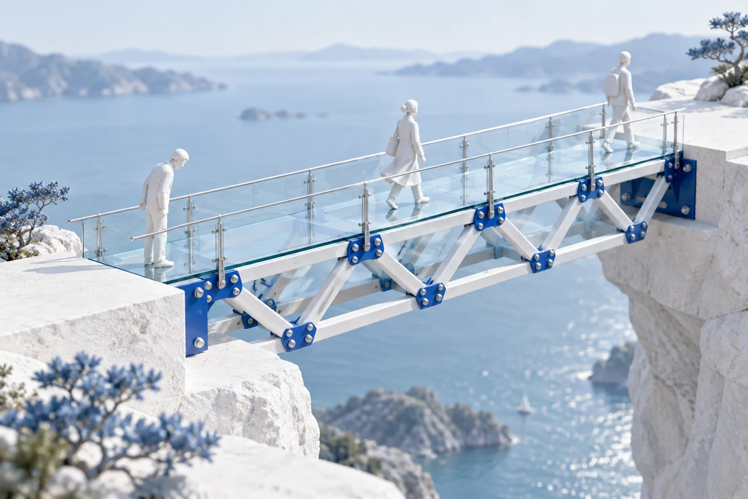 Passerelle conceptuelle en verre, avec des supports triangulaires et des assemblages bleus boulonnés bien visibles, sur laquelle avancent trois figurines.