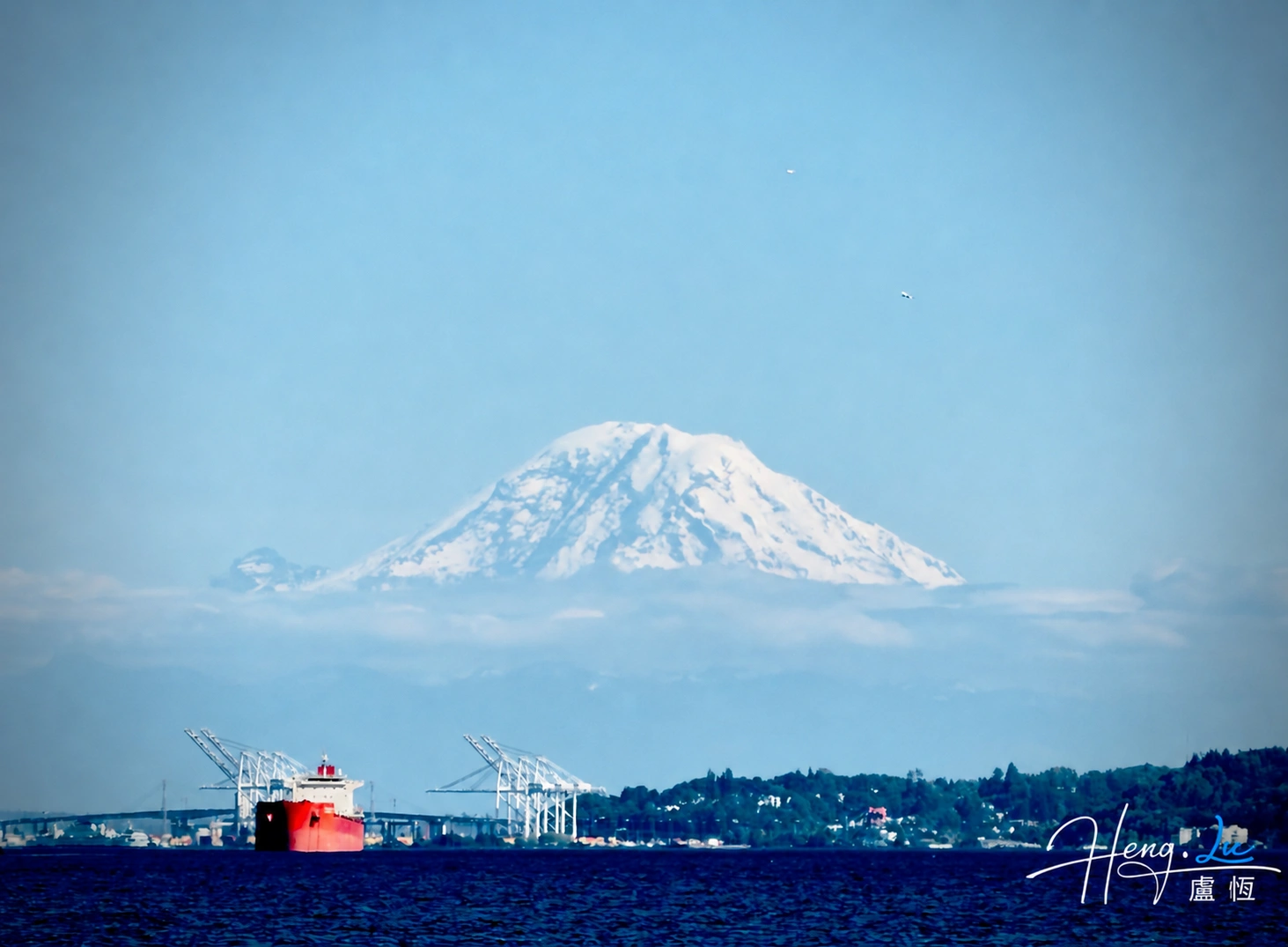 Mount Rainier Tacoma Port Red Cargo-Ship
