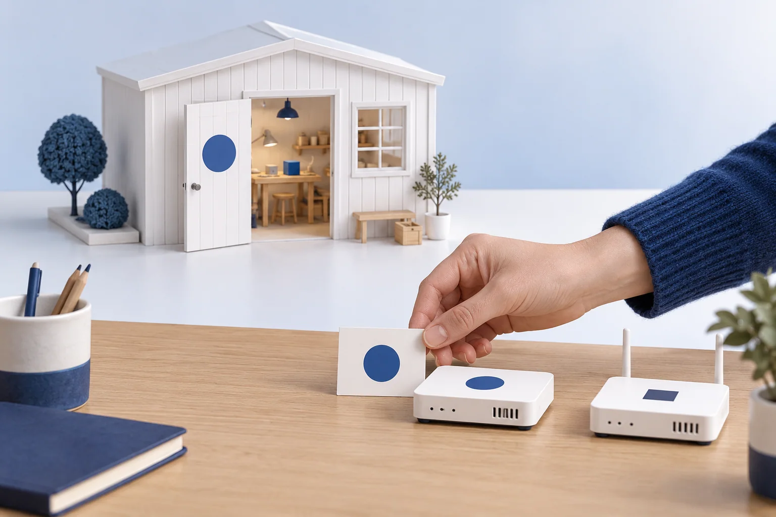 A blue circle on a model workshop matches the marker on an authorization card and one network device.