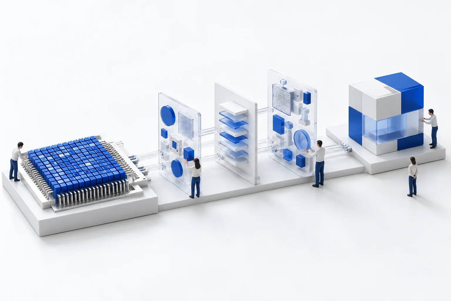 Des personnes assemblent une puce bleue, des couches d’outils modulaires et un objet fini sur un établi blanc.