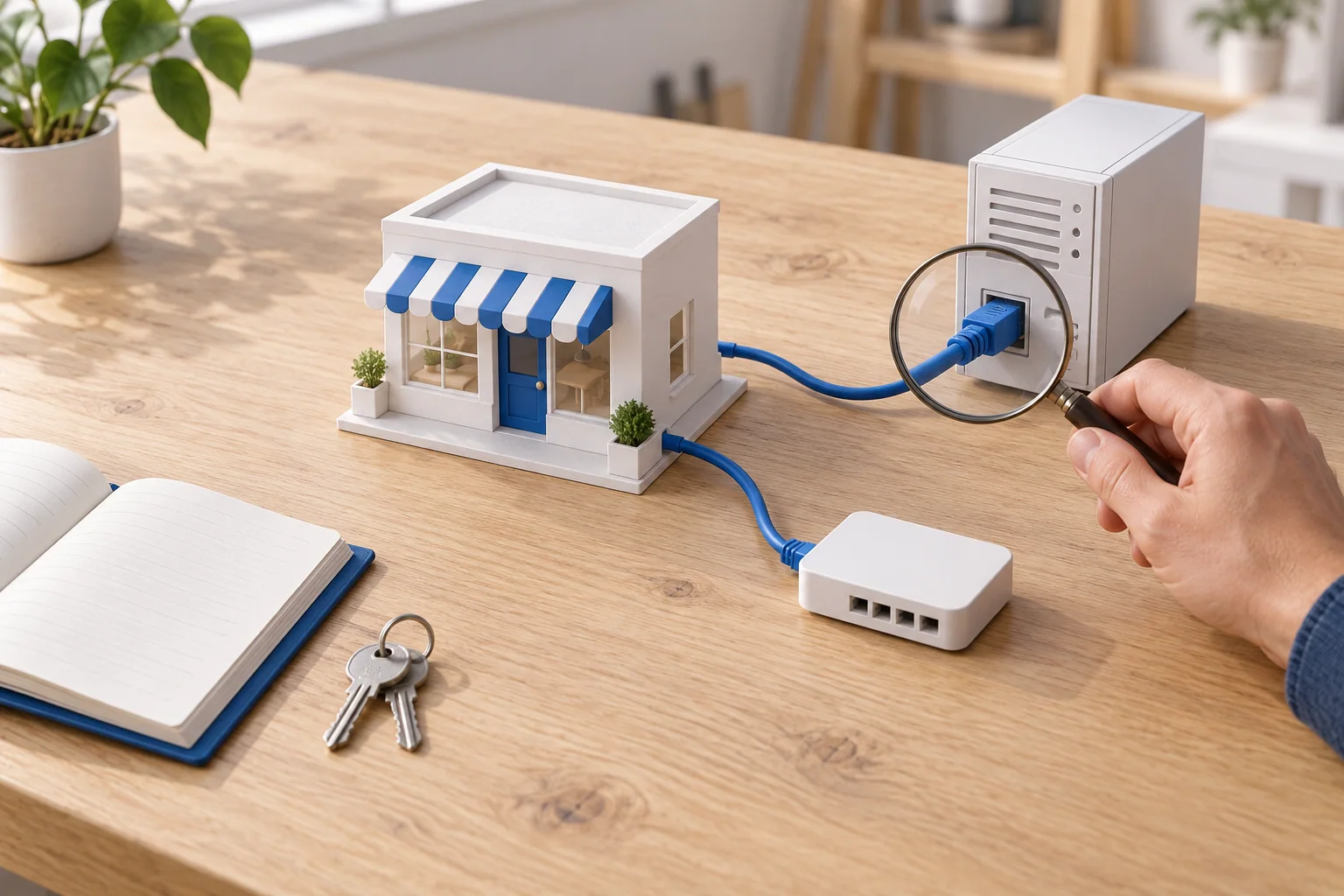 A hand holds a magnifying glass over a cable linking a miniature shop to a server; a register and keys lie nearby.