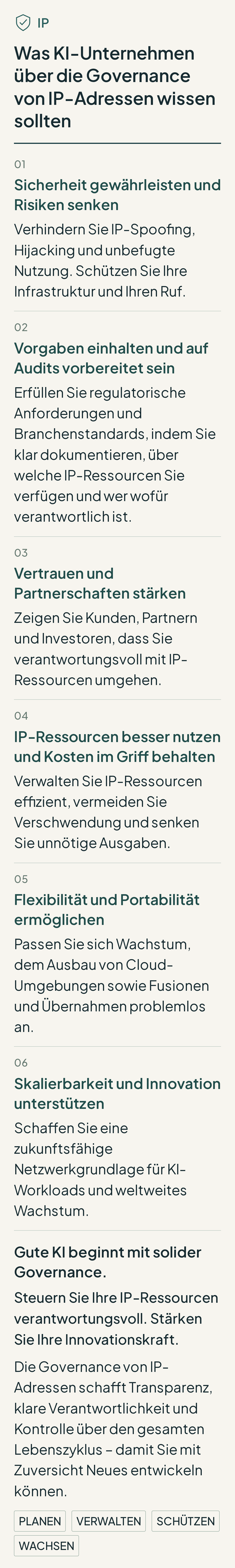 Infografik mit sechs Prioritäten der IP-Governance für KI-Unternehmen: Sicherheit, Compliance, Partnerschaften, effiziente Ressourcennutzung, Portabilität und skalierbare Netzwerke.