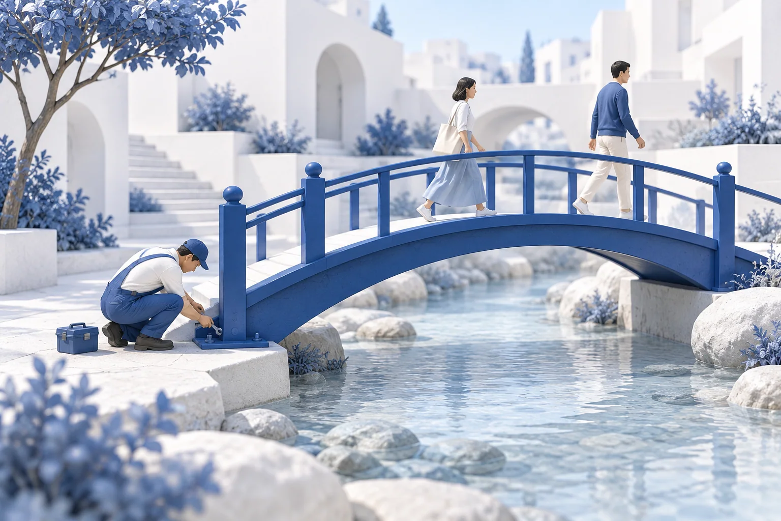 Illustration conceptuelle d’un ouvrier vérifiant une passerelle bleue pendant que deux personnes la traversent.