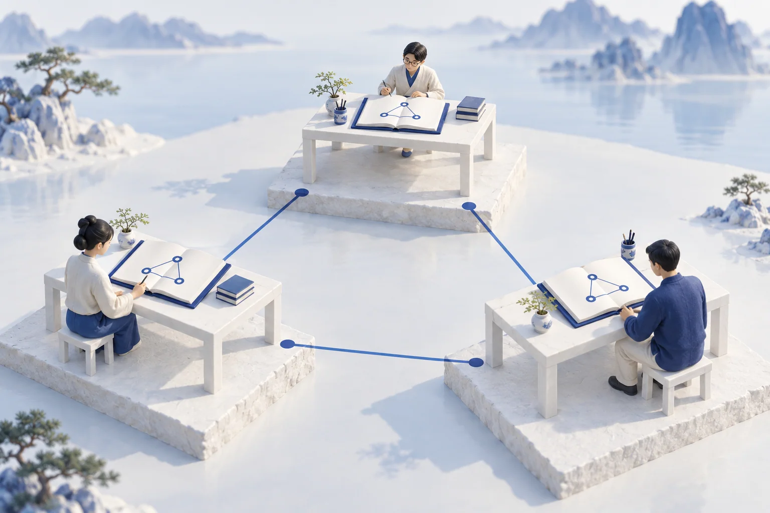 Conceptual illustration of three clerks keeping matching blue record books on separate, directly connected platforms.