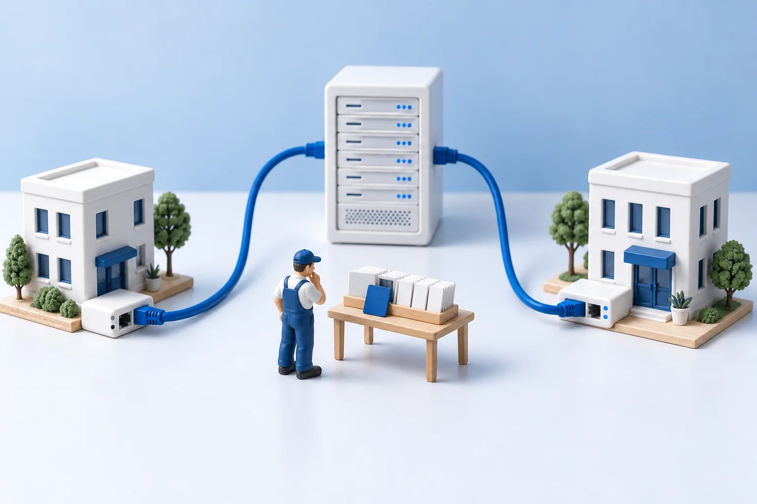 Two buildings remain wired to a server; one network device has dark indicators while a technician examines a card file.