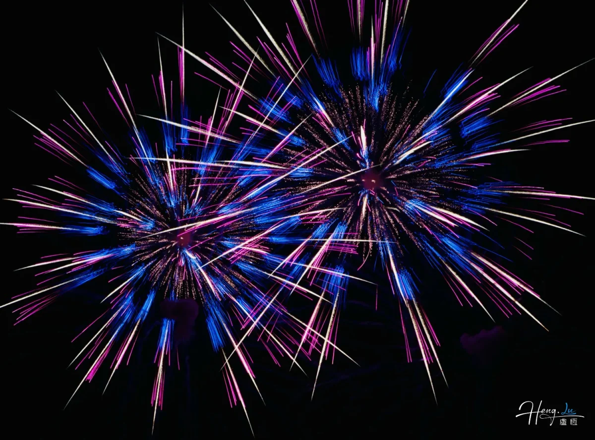 Blue And Pink Fireworks Burst Vividly In Night Sky