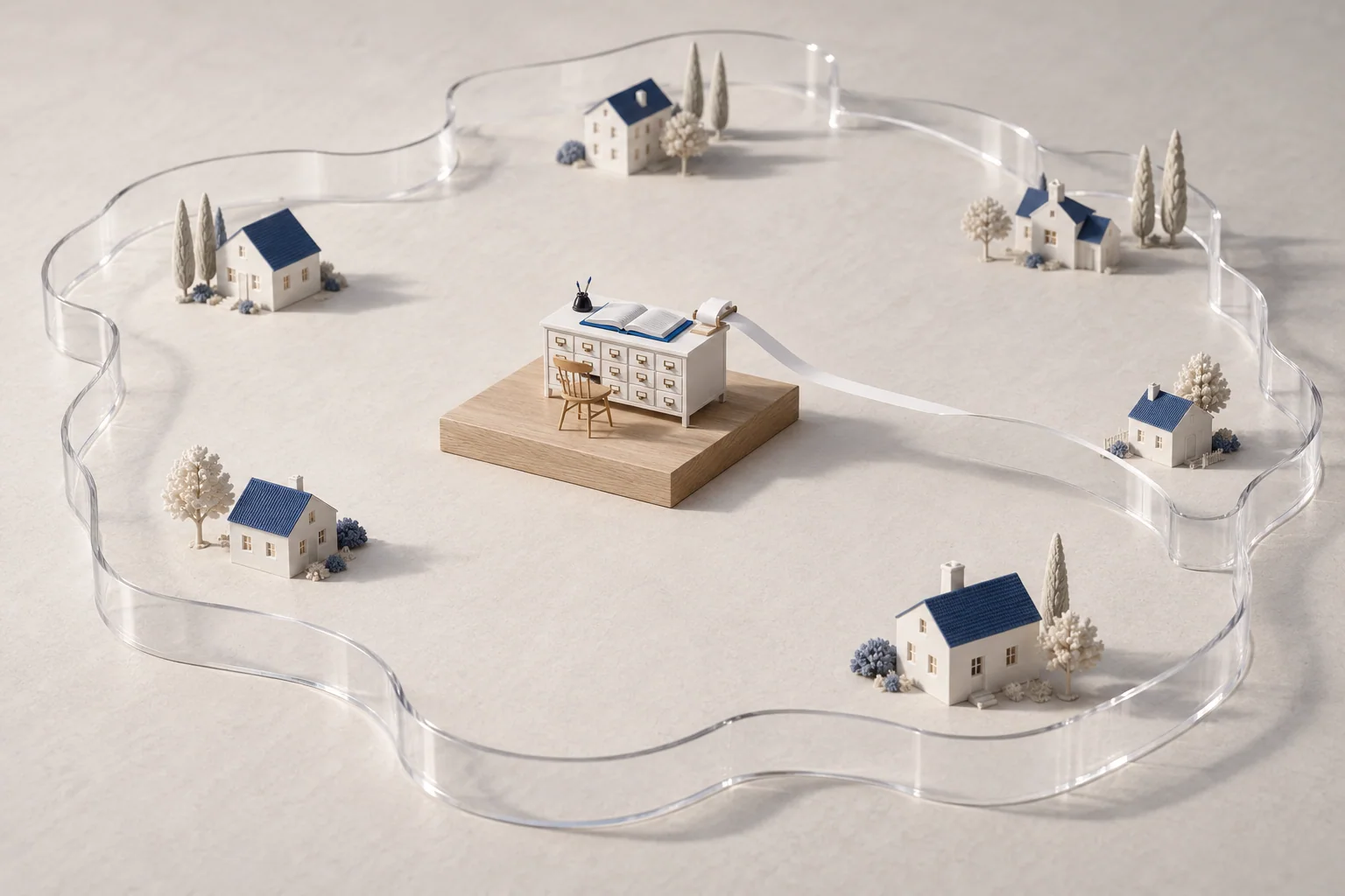 A small registry desk sits inside a much larger transparent boundary surrounding miniature houses.