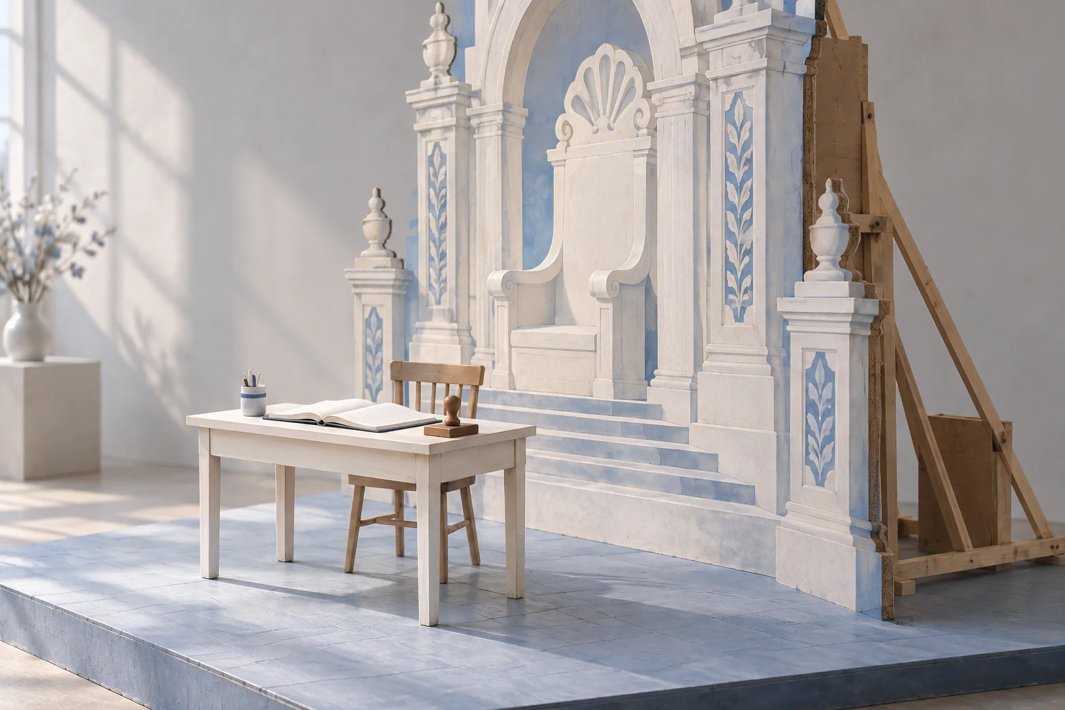 A plain desk and open ledger stand before an oversized throne backdrop whose wooden stage supports remain visible.