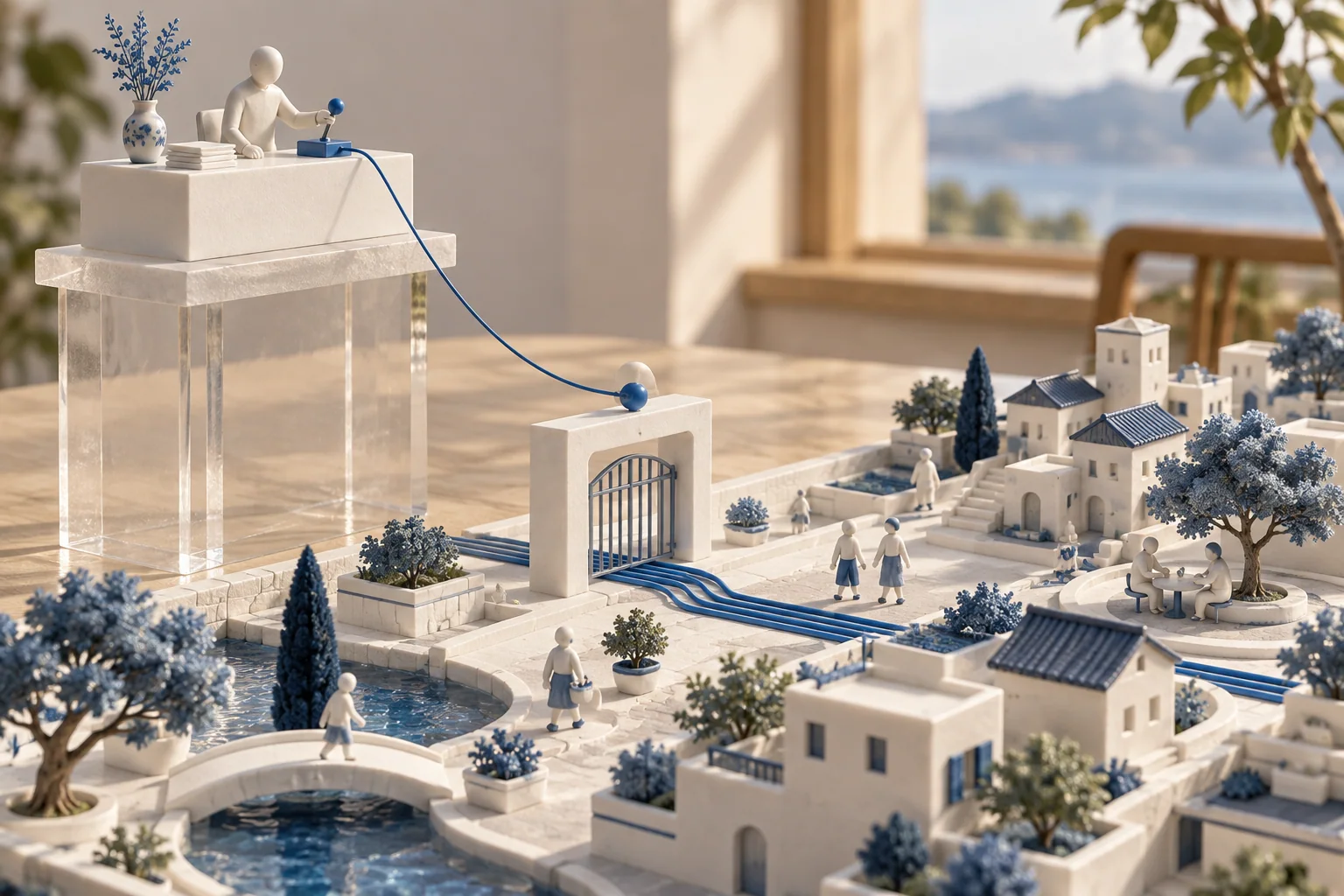 Conceptual model of an elevated administrative desk controlling a gate beside a neighborhood, with blue cables continuing underneath.