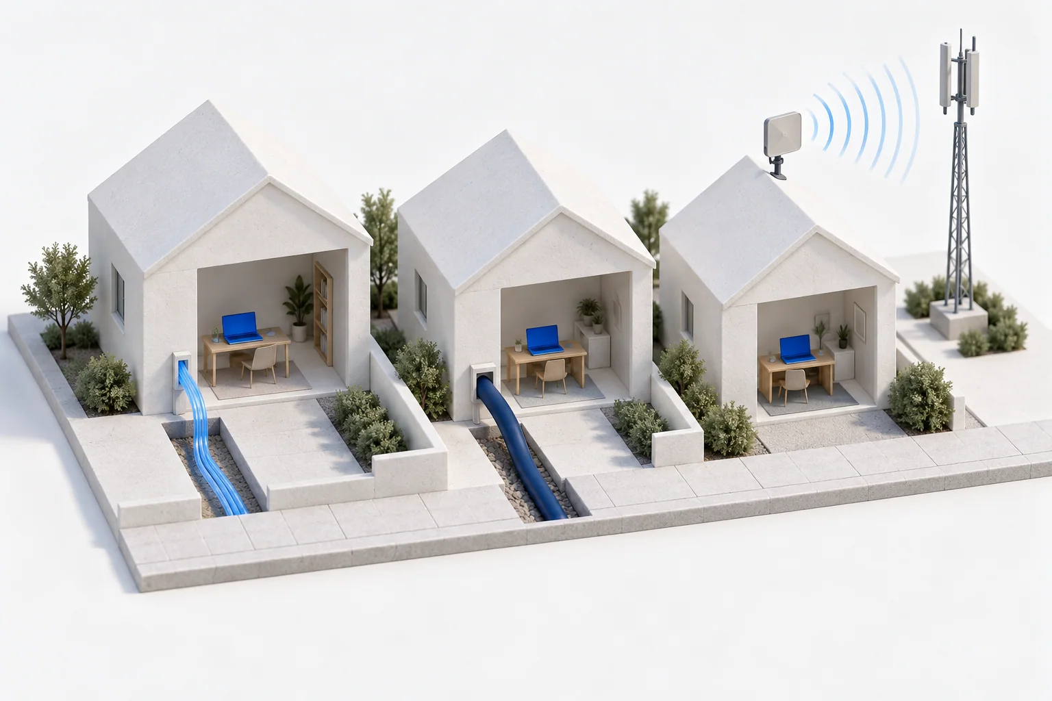 Three model homes use a fibre strand, a cable and a rooftop receiver to illustrate different network connections.