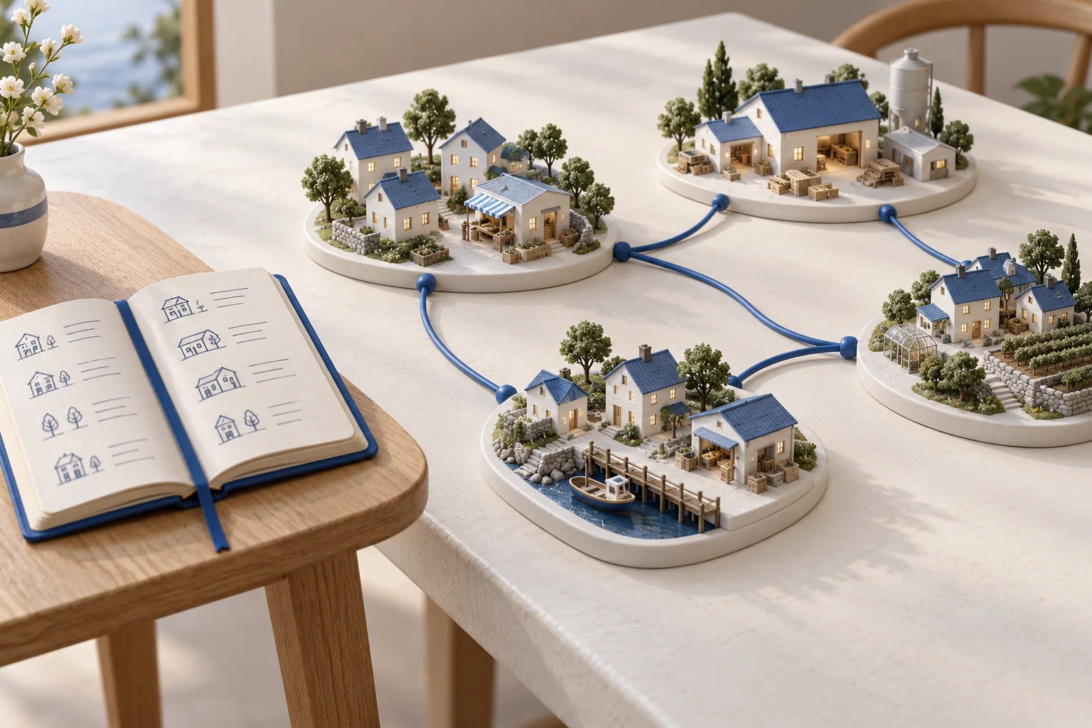 A blue-bound address book sits beside four miniature neighborhoods linked by blue cables.
