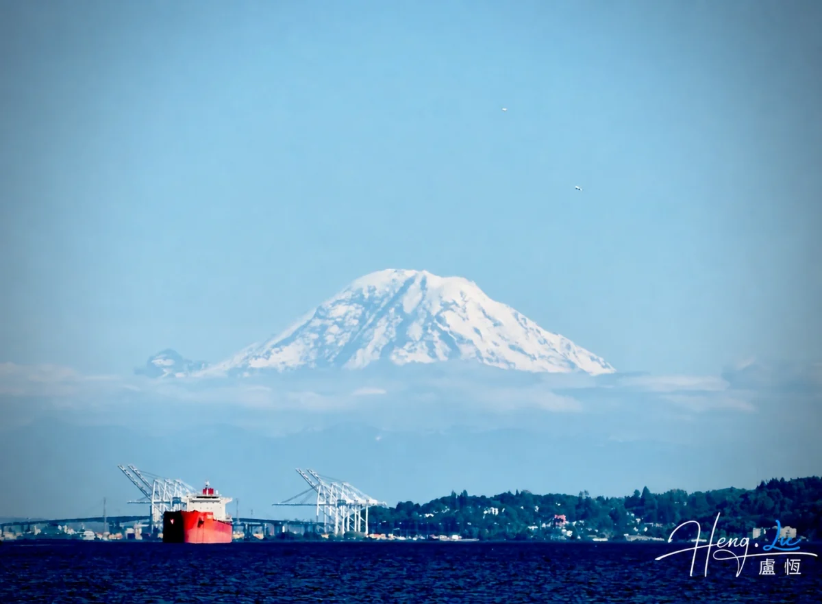 Mount Rainier Tacoma Port Red Cargo Ship