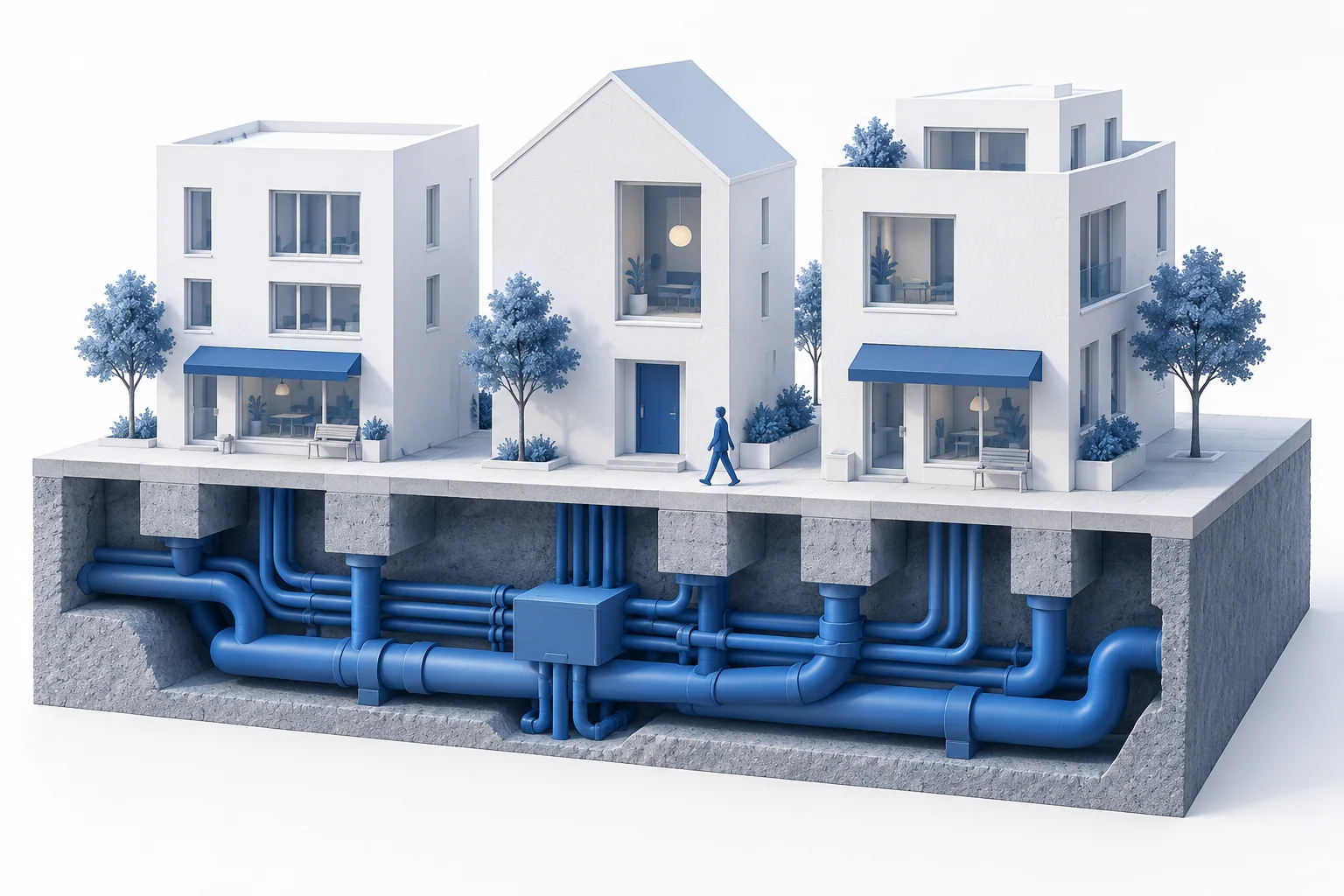 Une maquette en coupe montre des conduites bleues sous trois bâtiments blancs et un piéton dans la rue.