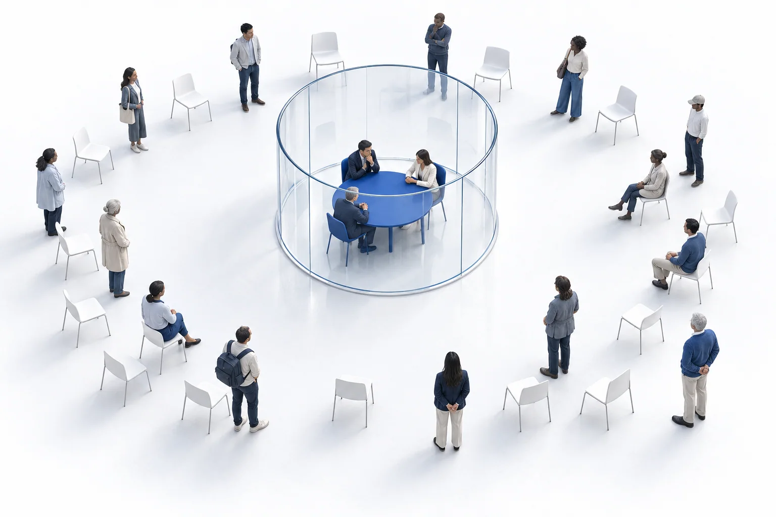 Ilustración de tres personas sentadas a una mesa azul dentro de un recinto de cristal, rodeado de más personas y sillas vacías.