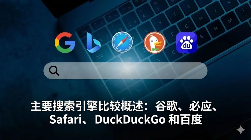 一张展示五大主流搜索引擎品牌标识的对比图片。背景是深色的笔记本电脑键盘,画面中央并排排列着 Google、Bing、Safari、DuckDuckGo 和百度的图标。图标下方是一个半透明的搜索框,象征着网络搜索功能。图片底部覆盖着清晰的白色中文字体,标题为“主流搜索引擎对比概览:Google、Bing、Safari、DuckDuckGo 与百度”