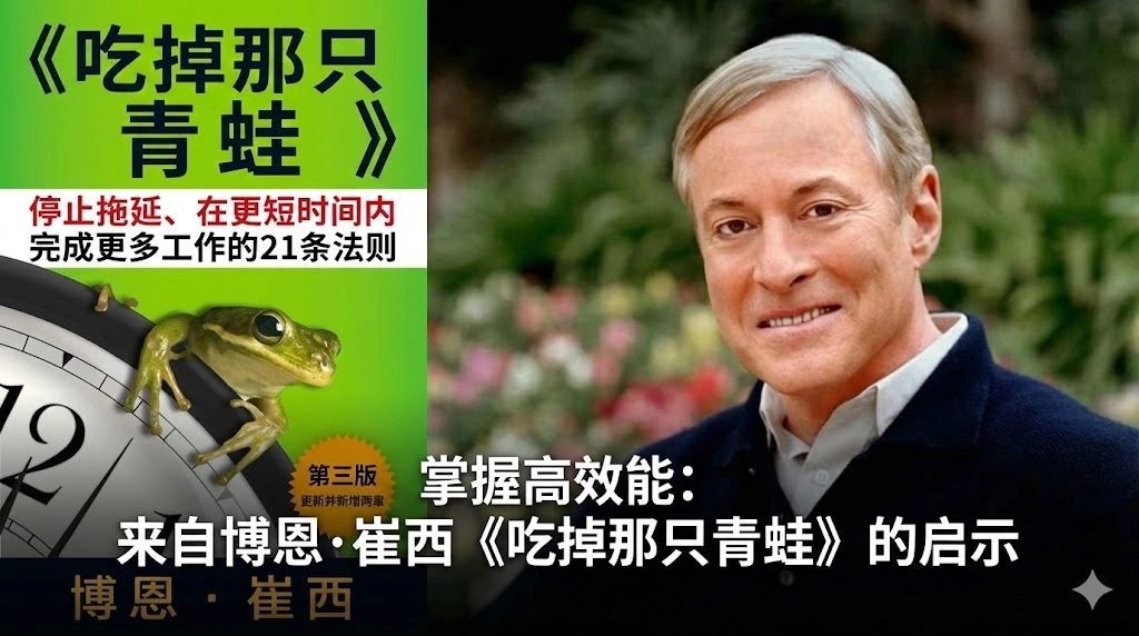 一张关于生产力与时间管理的中文封面图。左侧是博恩·崔西（Brian Tracy）的著作《吃掉那只青蛙》中文版封面，封面上有一只醒目的绿色青蛙坐在一只时钟上方。右侧是作者博恩·崔西微笑着的照片，背景是柔和的园林景观。图片中央覆盖着醒目的白色中文字体，标题为“掌控生产力：博恩·崔西《吃掉那只青蛙》核心见解”。