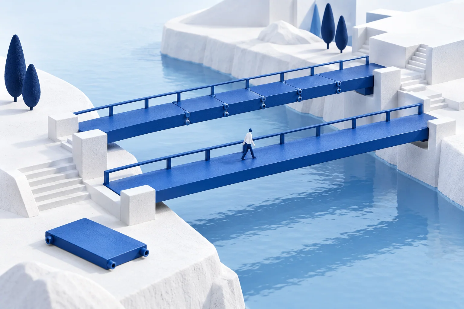 Two blue footbridges cross the same channel; one has modular joints, and a person walks on the other.