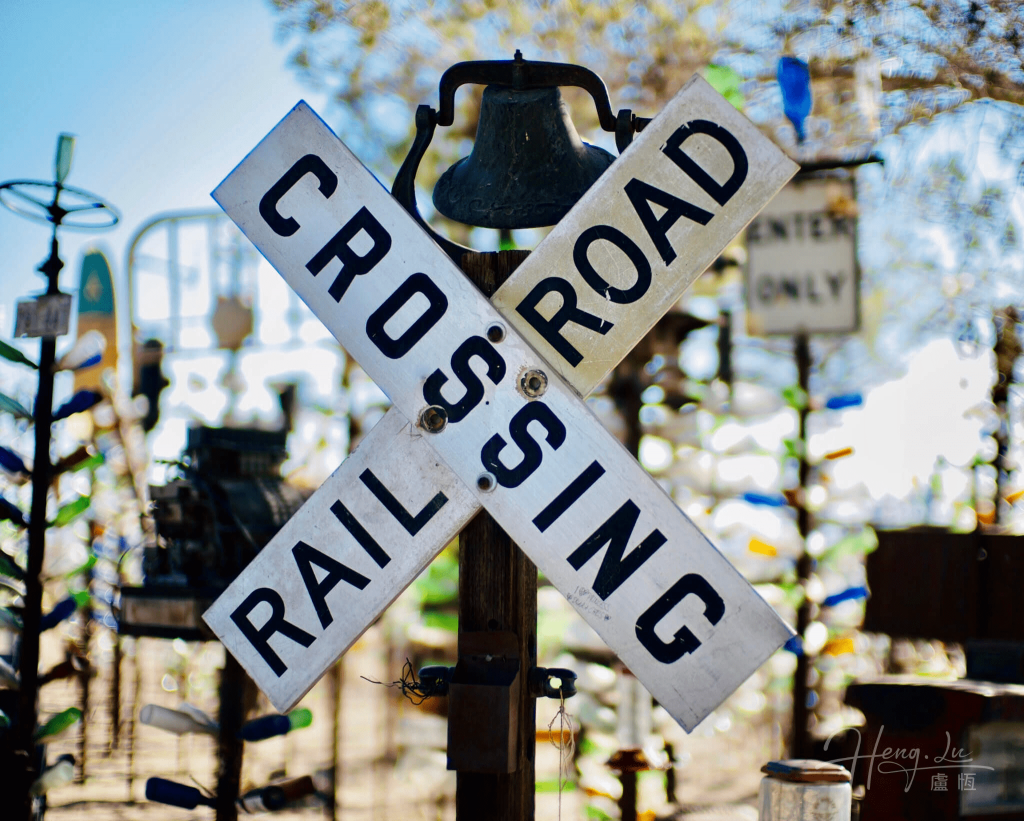Vintage railroad crossing sign with old bell