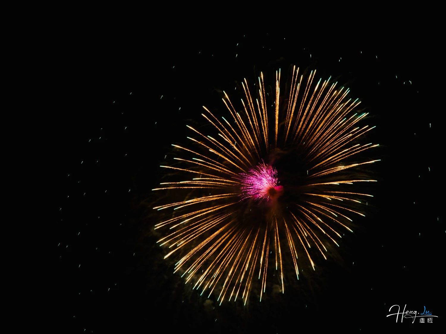 Golden firework bursting in night sky with bright colours