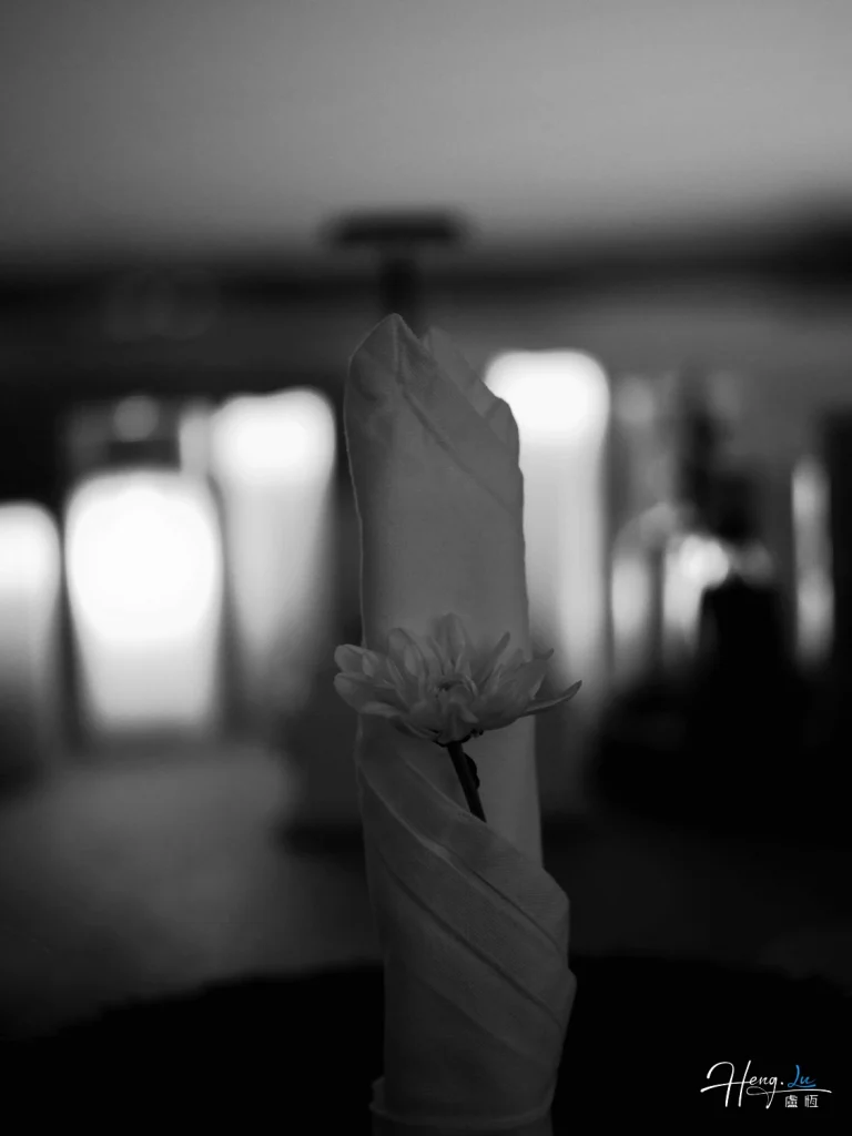 Black and White Folded Napkin Holding Single Flower in Elegant Setting black-and-white-folded-napkin-holding-single-flower